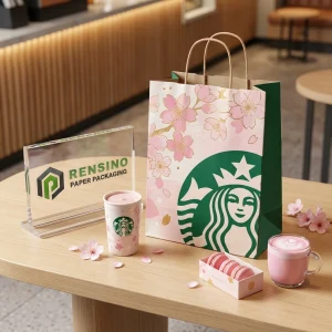 Sac cadeau en papier rose et vert avec motif floral, impression de logo personnalisée disponible