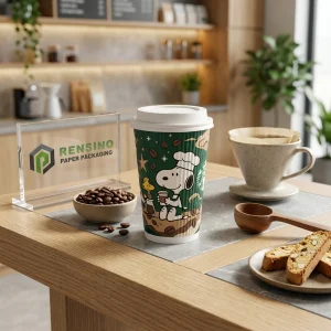 Bedruckter Pappbecher mit Snoopy-Illustration und Kaffeebohnen, geeignet für Getränke, Geschenke, Einzelhandel oder Lebensmittelverpackungen, OEM/ODM-Service verfügbar