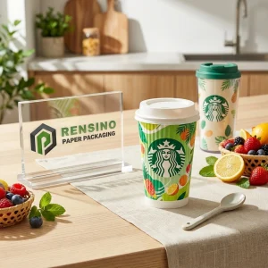 Bedruckter Pappbecher mit buntem Obstmuster, geeignet für Getränke, Geschenke, Einzelhandel oder Lebensmittelverpackung, OEM/ODM-Service verfügbar