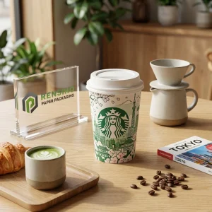 Tazza di carta bianca con paesaggio urbano verde e motivo floreale, design personalizzato disponibile