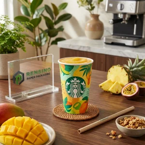 Colorful Printed Paper Cup with Tropical Fruit Pattern for Beverage Packaging, Custom Logo Printing Available