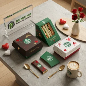Boîte d'Emballage Alimentaire Jetable Verte et Blanche avec Logo Starbucks Imprimé et Motif de Cœur, Convient pour l'Emballage Alimentaire, Personnalisation en Gros