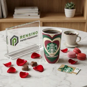 Grüner und burgunderfarbener Pappbecher mit Herzmuster und bedrucktem Text, geeignet für Getränke- oder Lebensmittelverpackungen, benutzerdefinierte Logo-Druckoptionen verfügbar