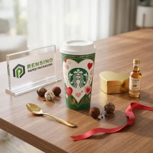 Grüner und weißer Pappbecher mit Valentinstagsdesign, geeignet für Getränkeverpackungen