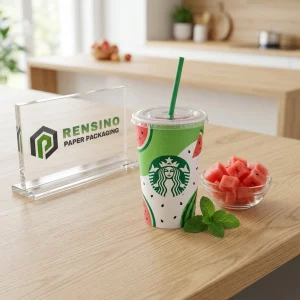 Grüner und weißer Pappbecher mit Wassermelonenmuster für Getränkeverpackungen, benutzerdefinierter Logo-Druck verfügbar