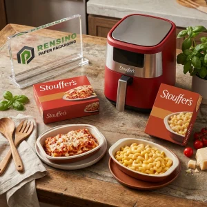 Caja de empaques de papel roja con imágenes de alimentos, adecuada para empaques de alimentos o venta al por menor, diseño personalizado y servicio OEM/ODM disponible
