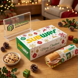 Boîte d'emballage jetable verte et blanche avec ornement de Noël et motif de renne, adaptée à l'emballage alimentaire, design personnalisé disponible