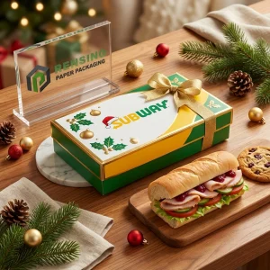 Boîte d'emballage cadeau rigide jetable verte et dorée avec texte de métro imprimé et motif de décoration de Noël, adaptée pour l'emballage alimentaire, design personnalisé disponible