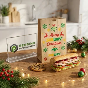 Sacchetti di carta alimentare usa e getta Kraft con testo natalizio e motivo fiocco di neve, design personalizzato disponibile