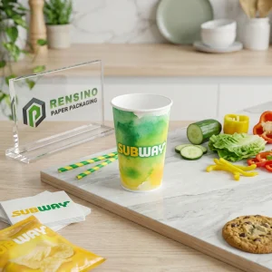 Зеленый и желтый бумажный стакан с логотипом Subway для упаковки напитков, доступен индивидуальный дизайн