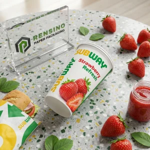 イチゴのイメージが印刷された白い紙製パッケージカップと「SUBWAY」のテキストが印刷されており、飲料パッケージに適しており、カスタムデザインが可能