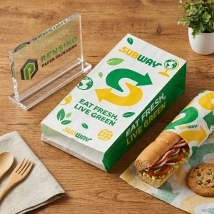 White and Green Paper Bag with Subway Logo and Slogan, Custom Packaging Solutions