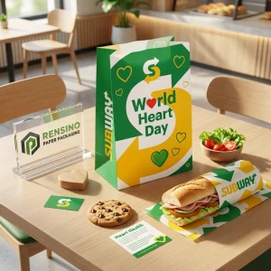 Grüner und gelber Papiertüte mit Herzmuster und Subway-Logo, anpassbare Verpackungslösung
