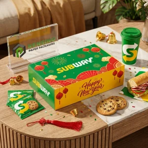 Boîte d'emballage cadeau jetable verte et jaune avec texte de métro imprimé et motif de lanterne rouge, adaptée à l'emballage alimentaire, conception personnalisée disponible