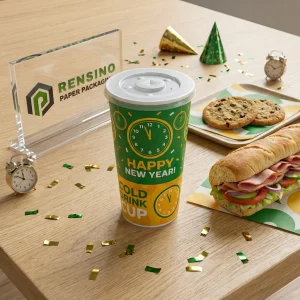 Grüner und gelber Pappbecher mit Uhrenmuster und bedrucktem Text für die Verpackung von Kaltgetränken, geeignet für Getränke- oder Lebensmittelverpackungen, benutzerdefiniertes Design verfügbar