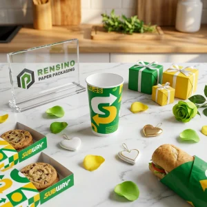 Grüne und gelbe Einweg-Pappbecher mit bedrucktem U-Bahn-Logo, Großhandelsanpassung verfügbar