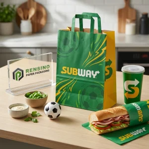 Saco de Papel Verde com Logotipo do Subway Impresso e Padrão de Futebol, Adequado para Embalagem de Alimentos ou Varejo, Serviço OEM/ODM Disponível