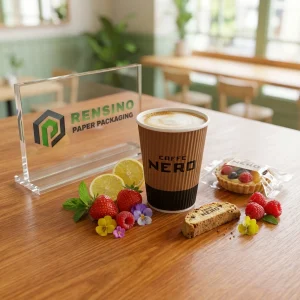 Bedruckter Papierverpackungsbecher mit Logo und bunten Obstdekorationen, geeignet für Kaffee- oder Getränkeverpackungen, OEM/ODM-Service verfügbar