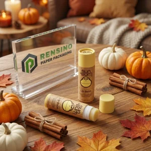 Tubo de bálsamo labial de papel amarillo y kraft con texto impreso e ilustración para uso cosmético o de cuidado personal, impresión de logotipo personalizada disponible