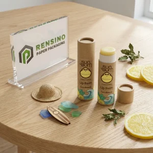 Kraft Paper Lip Balm Tube with Printed Text and Wave and Lemon Illustration for Cosmetic Use, Custom Logo Printing Available