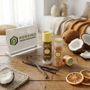 Tubo de bálsamo labial de papel amarillo y marrón con texto impreso e ilustración de mono, adecuado para uso cosmético o de regalo, servicio OEM/ODM disponible