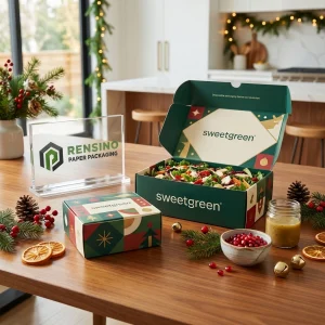 Boîte d'emballage alimentaire jetable imprimée en vert et multicolore avec des motifs géométriques et de vacances, adaptée pour l'emballage alimentaire, design personnalisé disponible
