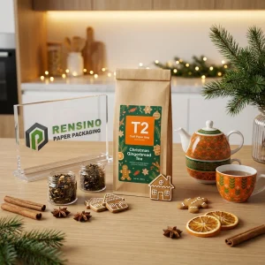 Kraft Paper Bag with Christmas Gingerbread Tea and Printed Logo, Suitable for Gift, Food, or Retail Packaging, Custom Design Available