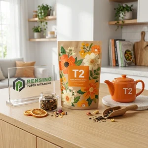 Sac en papier coloré avec motif floral et texte imprimé “T2”, adapté pour un cadeau, de la nourriture ou de l'emballage de détail, service OEM/ODM disponible