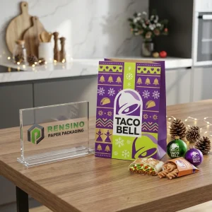 Sacolas de Papel para Alimentos Descartáveis em Roxo e Verde com Logo Impresso do Taco Bell e Padrão Festivo de Sino e Floco de Neve, Design Personalizado Disponível