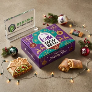 Scatola di Imballaggio Alimentare Usa e Getta Viola e Verde con Motivo Festivo e Renna, Adatta per Imballaggio Alimentare, Stampa Logo Personalizzata Disponibile