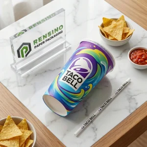 Lila und blauer bedruckter Papierverpackungsbehälter mit Taco Bell-Logo und Wirbelmuster, geeignet für Lebensmittelverpackungen, benutzerdefiniertes Design verfügbar