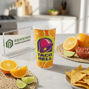 Tazza di Imballaggio in Carta con Stampa di Motivo Arancione e Logo Taco Bell, Adatta per Imballaggio di Bevande, Stampa di Logo Personalizzato Disponibile