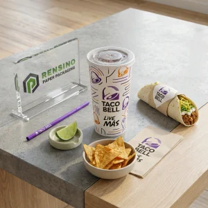 Bedruckter Papierverpackungsbecher mit Logo und abstraktem Muster, geeignet für Lebensmittel- oder Getränkepackaging, OEM/ODM-Service verfügbar