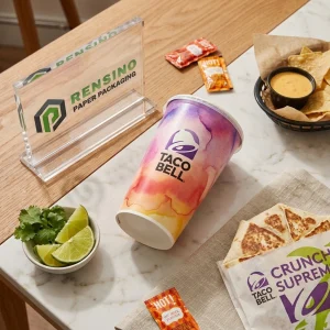 Printed Paper Beverage Cup with Multicolor Watercolor Pattern and Taco Bell Logo, Suitable for Beverage Packaging, Custom Logo Printing Available