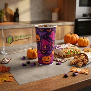 Lila Halloween-Themen-Papierbecher mit Kürbissen, Geistern und Fledermausmustern für Getränkeverpackungen, individuelles Design verfügbar