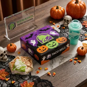 Scatola di imballaggio usa e getta viola e nera con motivo di zucca di Halloween e fantasma, adatta per imballaggio alimentare, design personalizzato disponibile