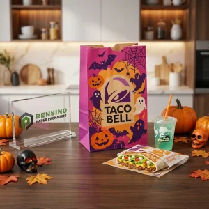 Sacolas de Papel Descartáveis Roxas e Laranjas com Padrão de Halloween e Texto Impresso “TACO BELL”, Design Personalizado Disponível
