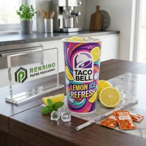 レモンと氷のイラストが印刷されたカラフルなペーパーコップ、飲料包装用、カスタムロゴ印刷が可能