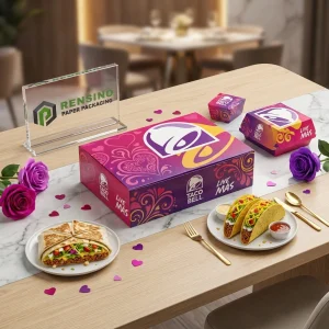 Scatola di imballaggio usa e getta stampata in viola e rosa con logo Taco Bell e motivo a cuore, adatta per imballaggio alimentare, design personalizzato disponibile