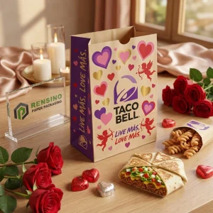 Sacchetti di carta per alimenti usa e getta in kraft con pannello laterale viola e motivo cuore e Cupido, design personalizzato disponibile