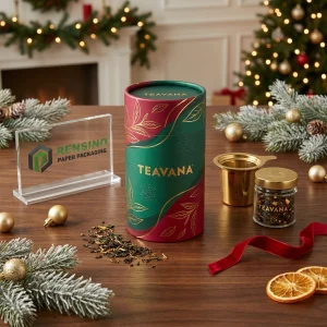 Green and Red Paper Tea Packaging Tube with Gold Leaf Pattern and Printed Text, Custom Design Available