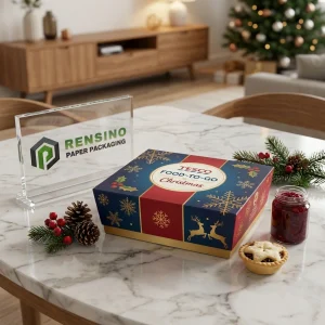 Caja de empaque desechable azul y roja con patrón de copo de nieve dorado y reno, adecuada para empaque de alimentos, diseño personalizado disponible