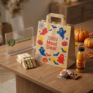 Sacchetti di carta per alimenti usa e getta in kraft con motivo di fantasmi e zucche di Halloween, design personalizzato disponibile