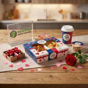 Caja de embalaje de alimentos desechable dividida azul y blanca con patrón de corazón rojo y texto impreso “FOOD TO-GO”, adecuada para embalaje de alimentos o para llevar, servicio OEM/ODM disponible