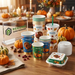 Disposable Paper Cups with Turkey and Autumn Leaves Pattern, Custom Design Available