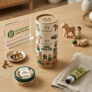Tubo de papel de tela color kraft con ilustraciones de juguetes y bloques impresos, adecuado para embalaje de tela, diseño personalizado disponible