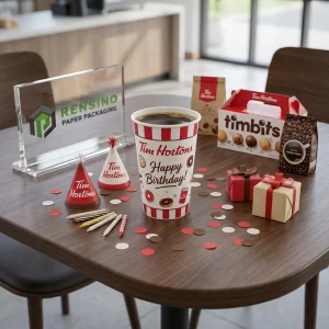 Vasos de papel desechables rojos y blancos con texto impreso “Tim Hortons” y patrón de donas de cumpleaños, impresión de logotipo personalizada disponible
