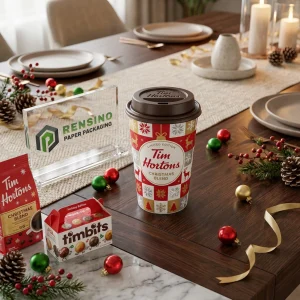 Red and White Disposable Paper Cups with Holiday Pattern and Tim Hortons Text, Custom Logo Printing Available