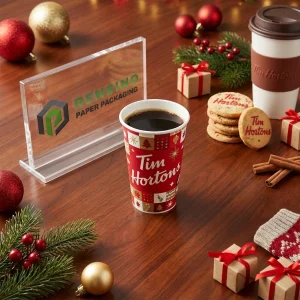 Tazza di carta rossa con motivo natalizio, adatta per caffè o bevande calde, design personalizzato disponibile