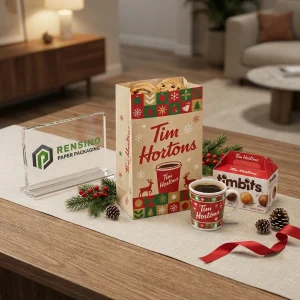 Sacchetti di carta per alimenti usa e getta in kraft con motivo natalizio rosso e verde e testo stampato, design personalizzato disponibile